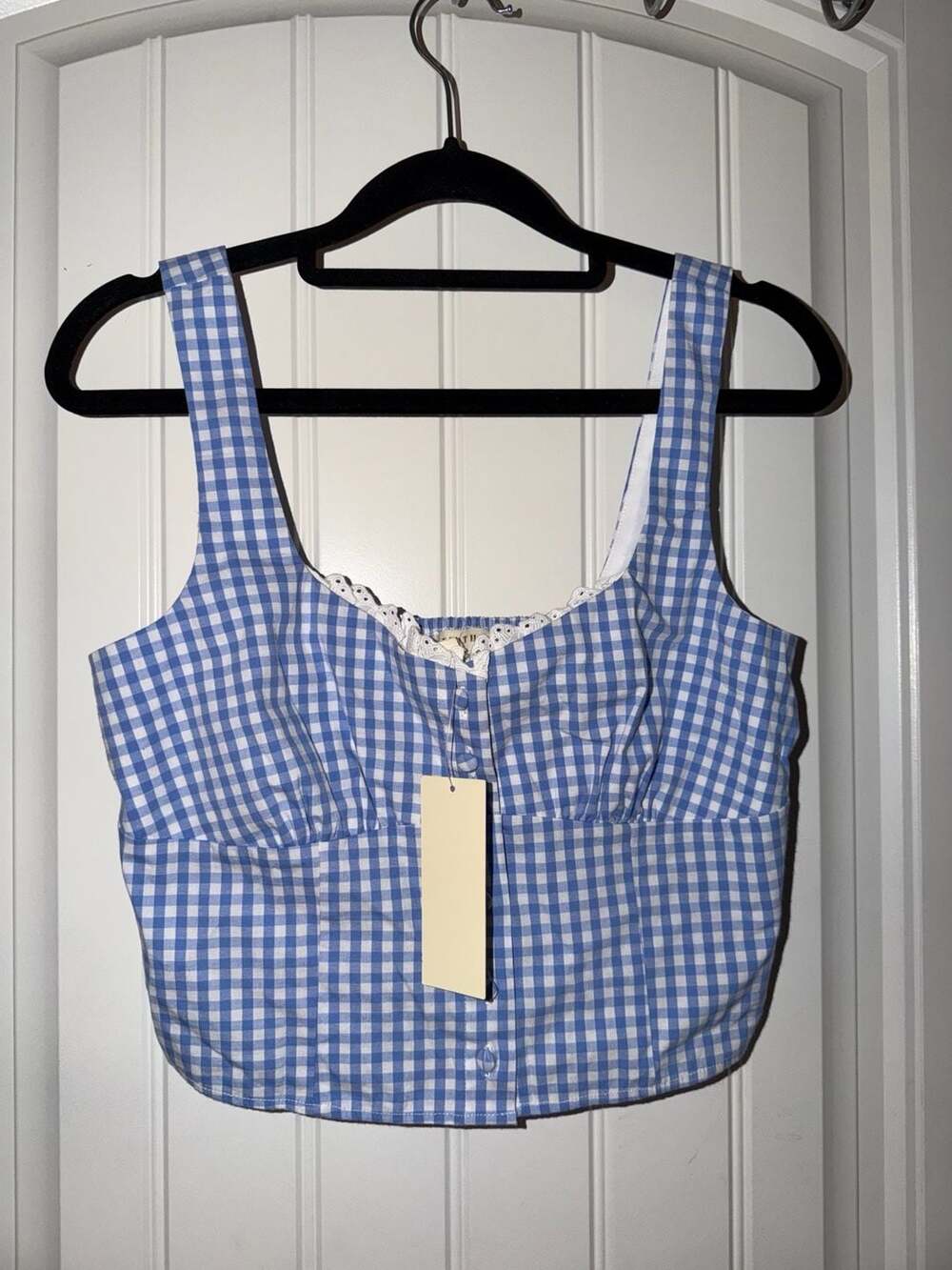 Thirty/Thirty L.A. Blue Gingham Lace Trim Bustier Crop Top